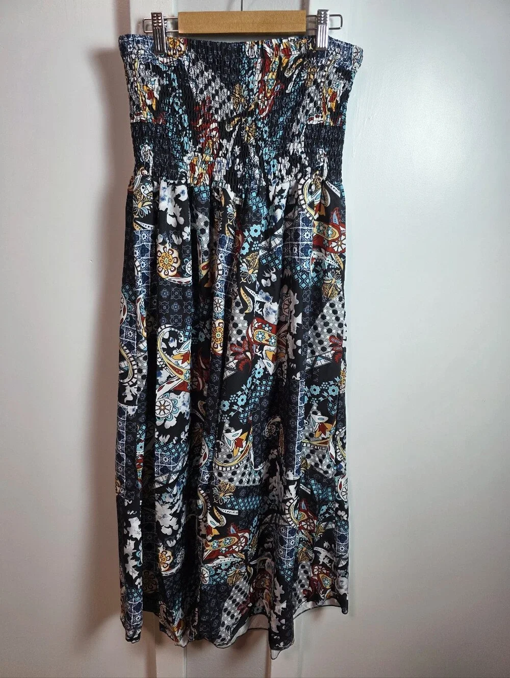 ​Boho Mixed Patchwork Print Smocked Wide-Leg Palazzo Pants / Strapless Jumpsuit